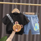 Children's Summer Boys Girls Short Sleeve Suit Casual Printed Bear Three-dimensional Pocket T-shirt Denim Shorts Two Piece Set