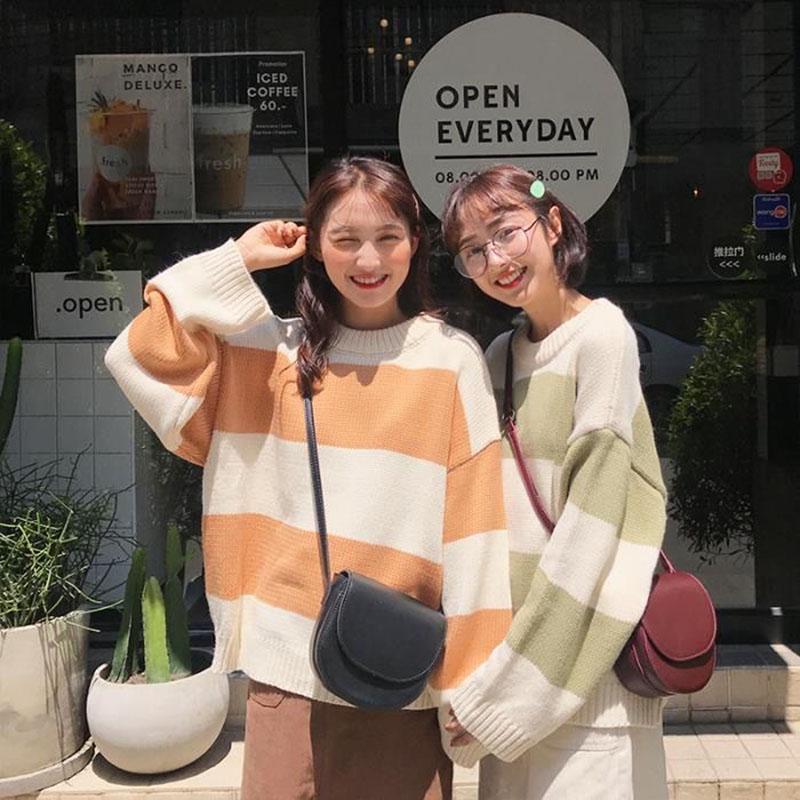 Autumn and Winter Striped Turtleneck Sweater for Female Students Korean Version of Loose and Lazy Lantern Sleeve Pullover Sweater Coat