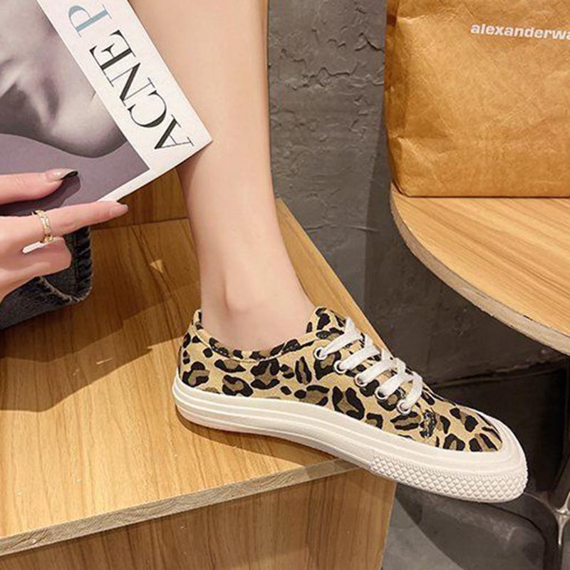 Canvas Shoes Female Students Korean Version of Mango Head Spring Leopard Print Flat Bottom All-match Casual Shoes White Shoes