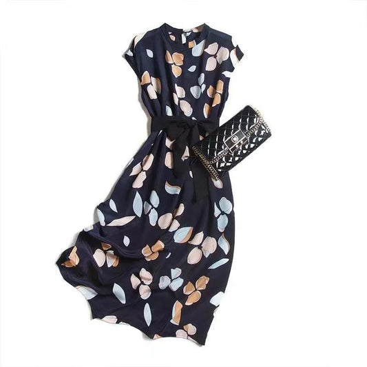 Dress  Women's Clothing Printed Long A-line Dress with Stand-up Collar and Short-sleeved Dress with Belt