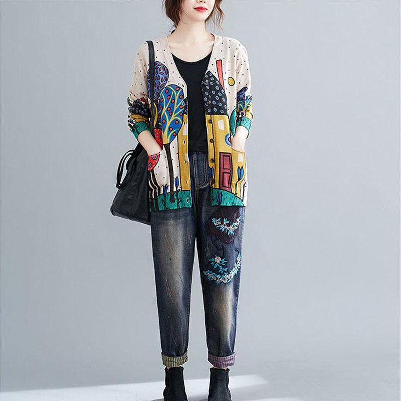 Vintage Art Plus Size V-neck Cardigan Coat Printed Long-sleeved Sweater Women Knitted Jacket with Pockets