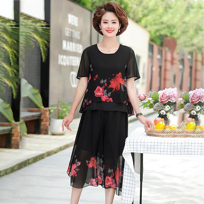 WTEMPO Middle-aged Women's Plus Size 2pcs Chiffon Shirt Pants Suit  Spring and Summer Short Sleeve Loose Casual Printing Two-piece Set