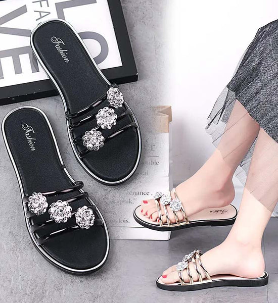 Women Peep Toe Sandals High Quality Rhinestones Slippers Anti Skid Flip Flops Crystal Women Shoes Summer Beach Footwear Lightweight Flat Sandals