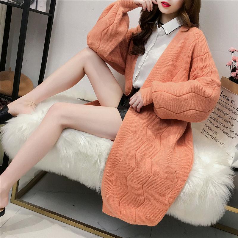 Spring and Autumn Knitted Cardigan Fashion Mid-length Coat Loose Wild Long-sleeved Sweater