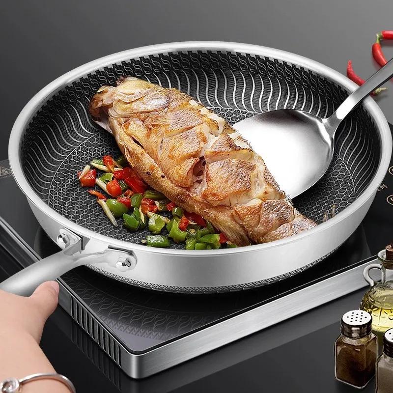 316 Stainless Steel Frying Pan 24-30cm Uncoated No Oily Smoke Non-stick Pancake Pan Household Cooking Pan