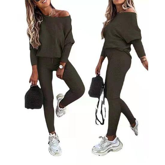 2PCS Women's Solid Color Casual Suit Slanted Shoulder Long Sleeve Loose Top Tie Sports Jogging Trousers Two-piece Suit Workout Clothes Set