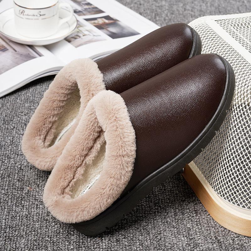 PU Cotton Slippers for Fall Winter Men's Women's Home Shoes Thick-soled Cotton Slippers with Waterproof and Non-slip Outer Wear