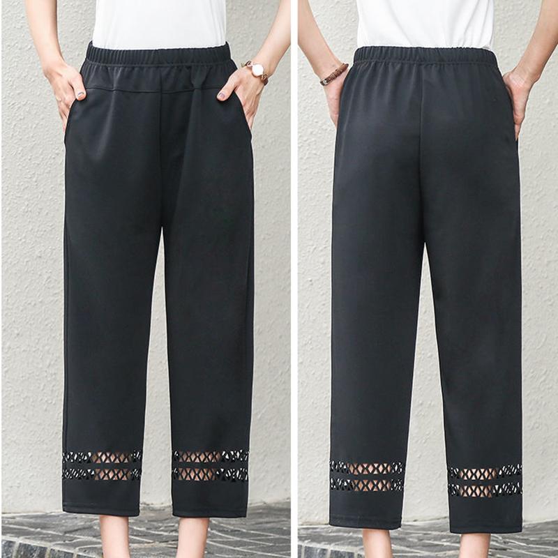 Summer Thin Stretch Mother Cropped Pants Elastic High Waist Loose Middle-aged and Elderly Women's Grandma Pants Hollow Casual Pants