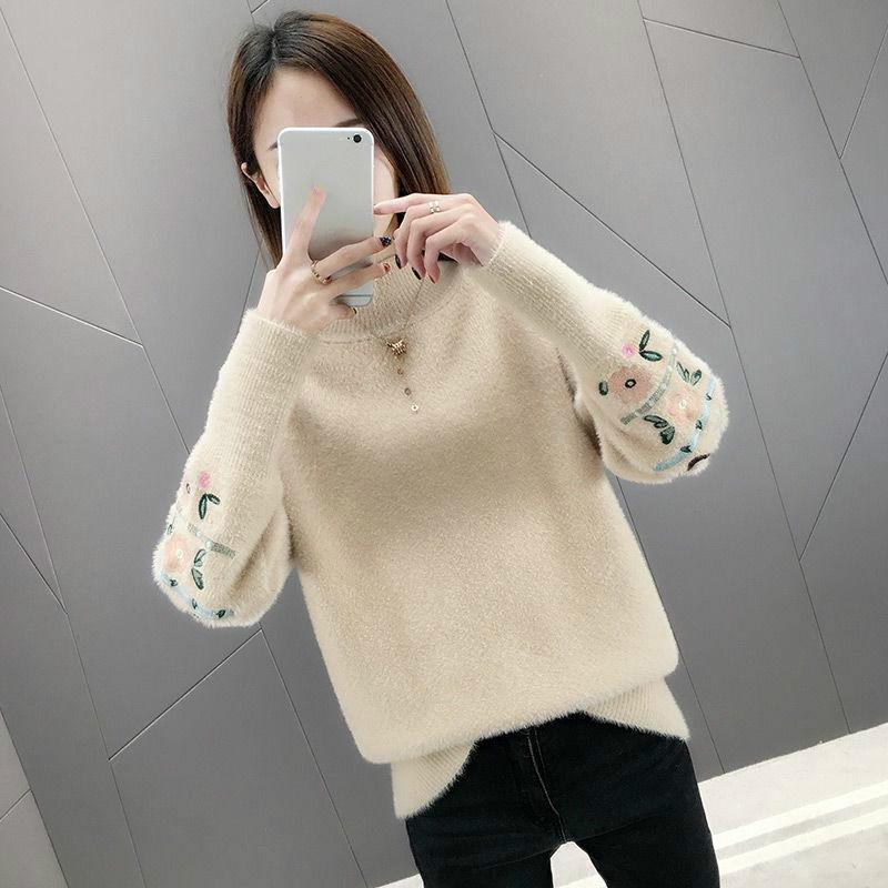 Large Size Sweater Water Velvet Round Neck Sweater Cashmere Warm Sweater Winter Ladies Long Sleeves