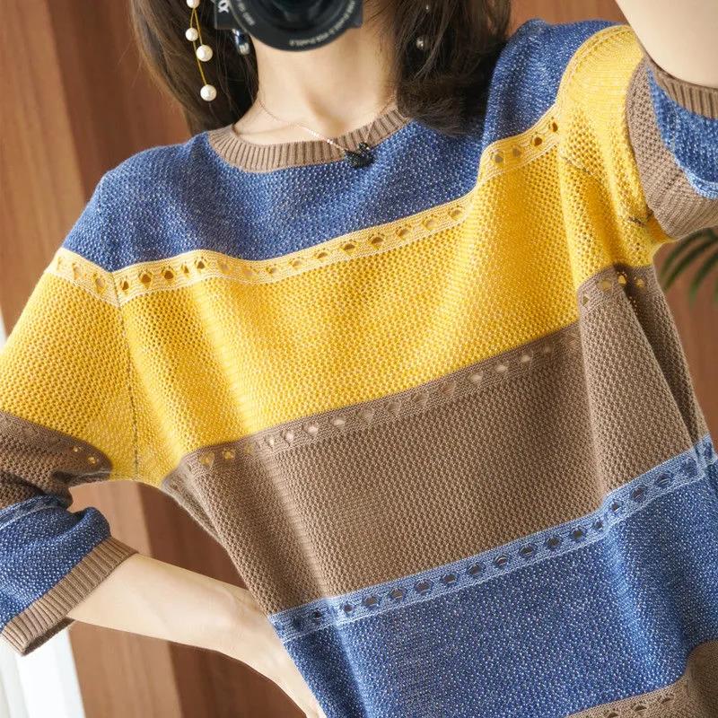 Spring Striped Hollow Ladies Knitwear Thin Knit Mid Sleeves Round Neck Loose