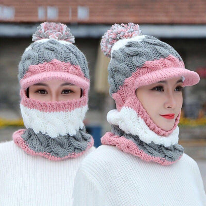 Autumn and Winter New Women's Cotton Hat Knitted Hat Warm and Velvet Thick Woolen Hat Windproof Cycling One-piece Hat