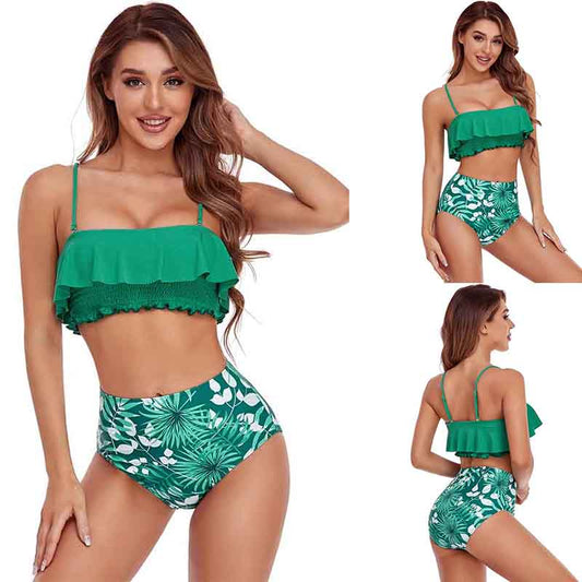 Printed Pit-striped Cable Swimsuit Women's Smocked Bikini High Waist Triangle Lotus Leaf Swimsuit