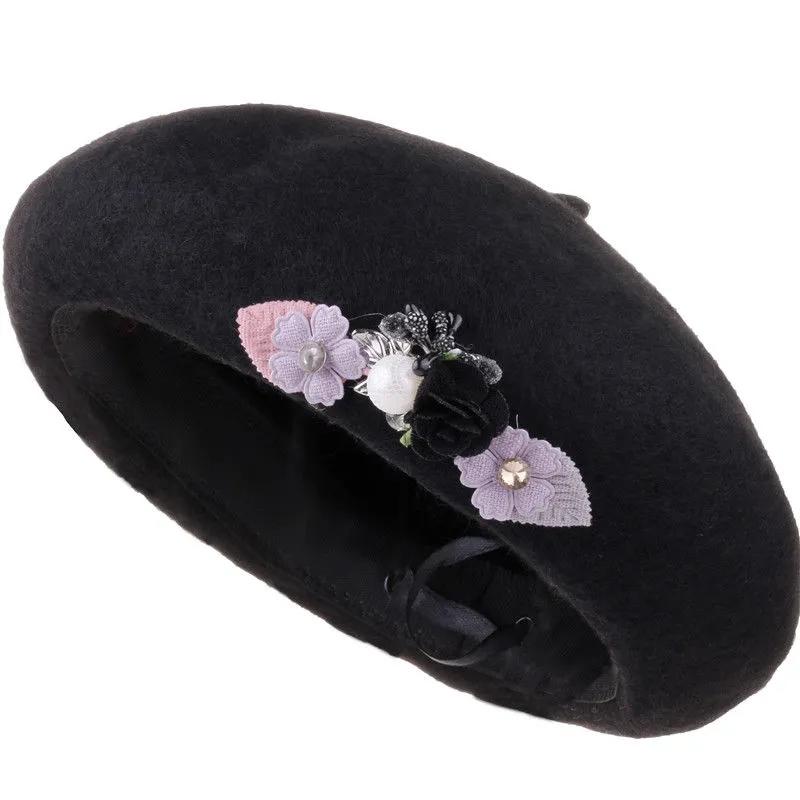 Retro Flower Beret Women's Elegant Wool Blend Artist Painter Hat Autumn Winter Beret Adjustable All Match Top Hat