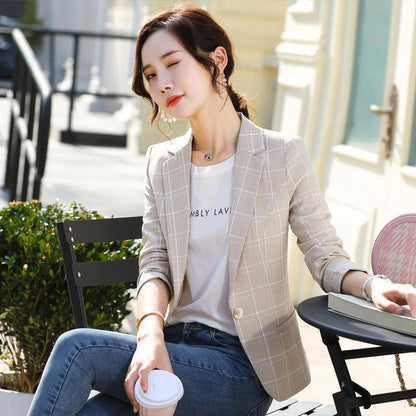 Plaid Jacket Breathable Thin Blazer Temperament Retro All-match Long-sleeved Blouse Women's Self-cultivation Suit Jacket Can Be Worn At Work