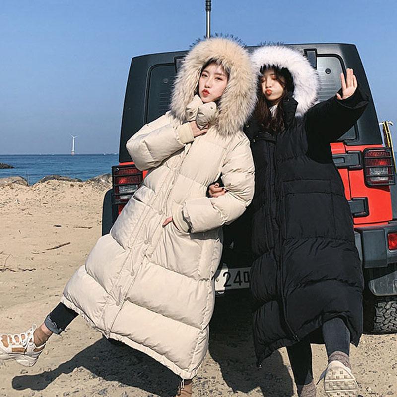 Winter Mid-length Loose Down Cotton Jacket Ins Style Big Fur Collar Over The Knee Coat Pure Color Simple Female Cotton Jacket