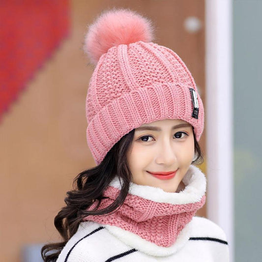 Women's Scarf Hat Set All-match Warm  Fur Ball Caps Autumn Winter Cycling Ladies Knitting Velvet Thick Padded Collars Facial Windproof Hats