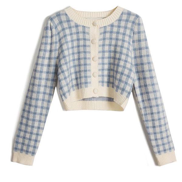 Warm Checkerboard All-match High Waist Retro Plaid Sweater Women Short Cardigan Sweater Autumn