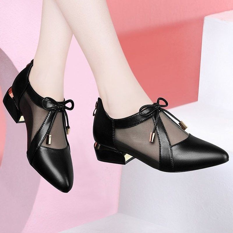 Shoes Women's Thick Heel Pointed Toe Single Shoes Soft Bottom Low Heel Small Leather Shoes Breathable Bow Cute Retro Style Princess Shoes