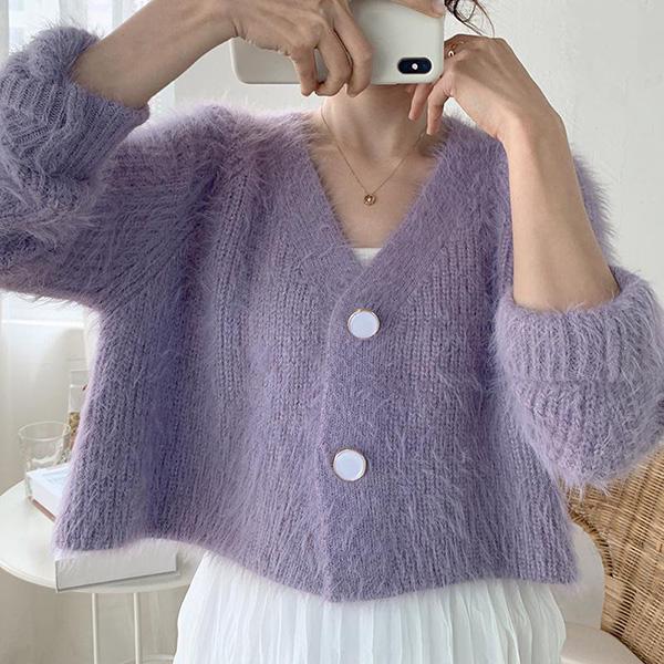 Autumn and Winter Imitation Mink Short Coat Long-sleeved Knitted Cardigan Long-haired Solid Color V-neck Sweater