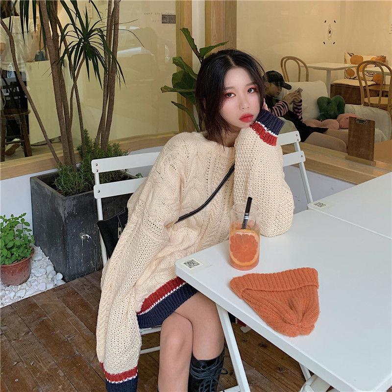 Color Matching Twist Long-sleeved Thick Sweater Coat  Female Students Loose Autumn  Winter Casual Sweater