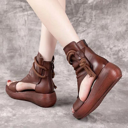 Roman Shoes Women Casual High-top Increased Slope Heel Sandals Soft Leather Thick-soled Fish Mouth Sandals Can Be Worn Outdoors