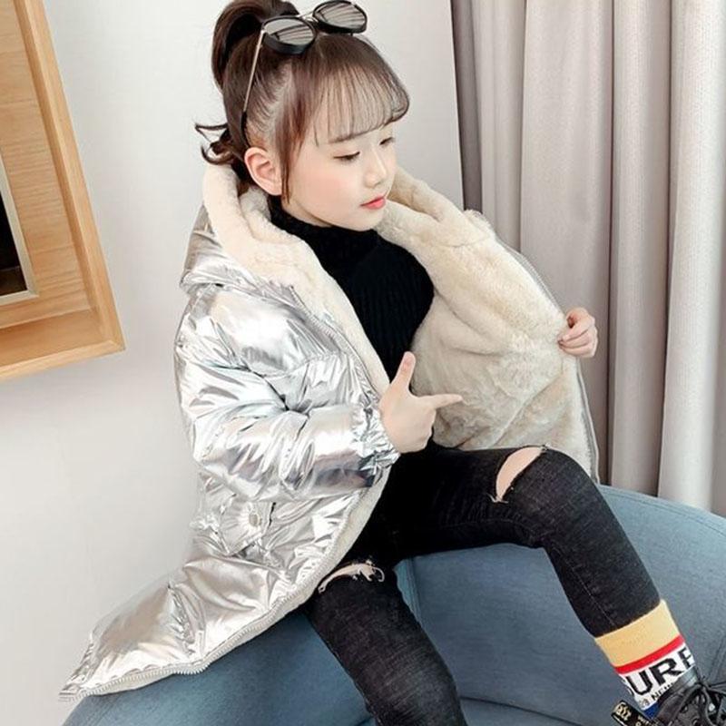 Girls' Cotton-padded Coat Winter Long Children Parka Jacket Kids Plus Velvet Warm Shiny Hooded Parka Coat