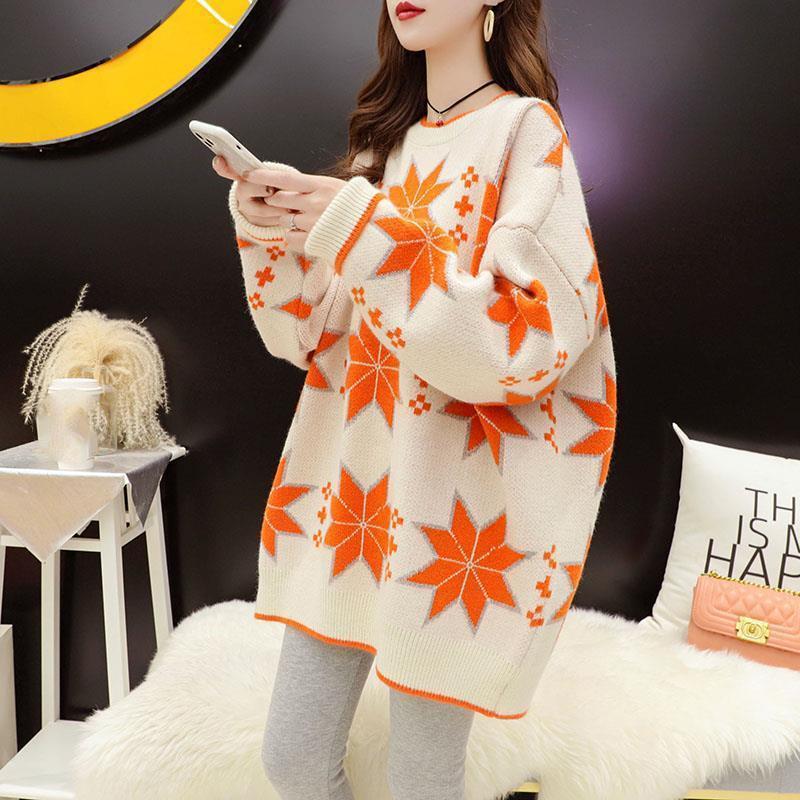 Autumn Winter  Women Fashion Sweater Casual Knitting Sweater Mid-length Round Neck Pullovers Loose Casual Long Sleeve Sweater