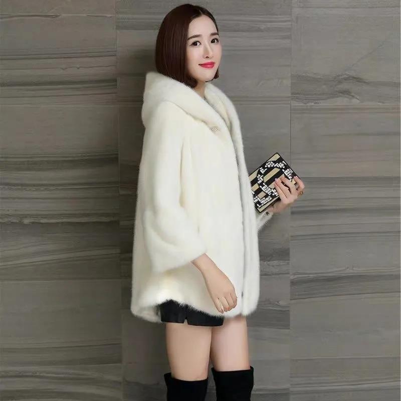 Faux Mink Coat Women's Mid-length Autumn and Winter Thickening Large Size Imitation Mink Fleece Hooded Fur Coat Women Are Thin