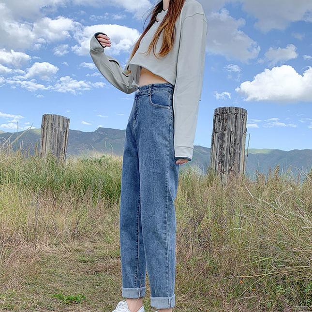 Women Spring and Summer Long Jeans High Waist Loose Solid Color Straight Haren Cropped Pants