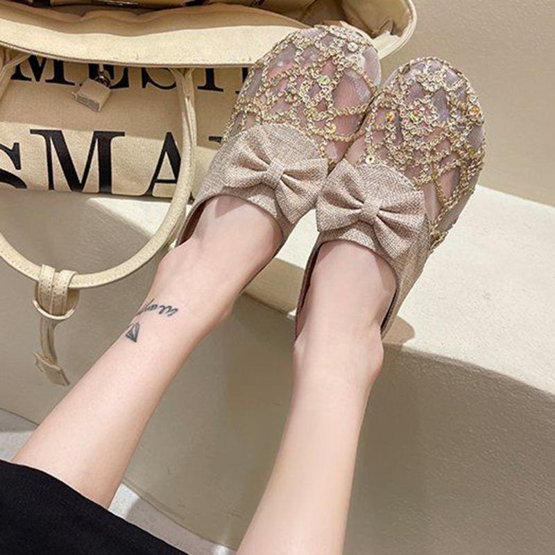 Lace Closed-toe Half Slippers Female Summer Hollow Linen Woven Loafers Lazy Outer Wear Sandals and Slippers