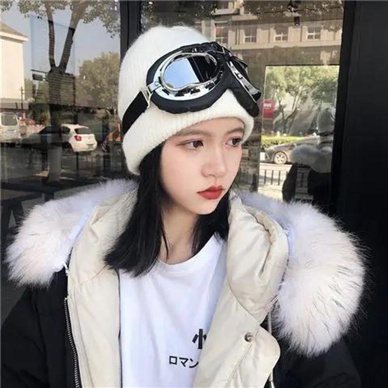 Winter Women's Fashion Aviator Glasses Ski Hat Warm Knitted Hooded Hat Casual Thick Woolen Hat