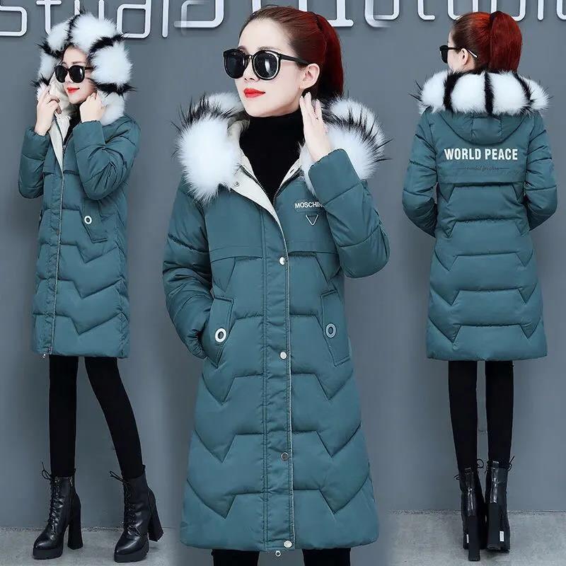 Ladies Down Jacket Winter Fashion Big Fur Collar Hooded Jacket Thick and Cotton Warm Mid-length Jacket