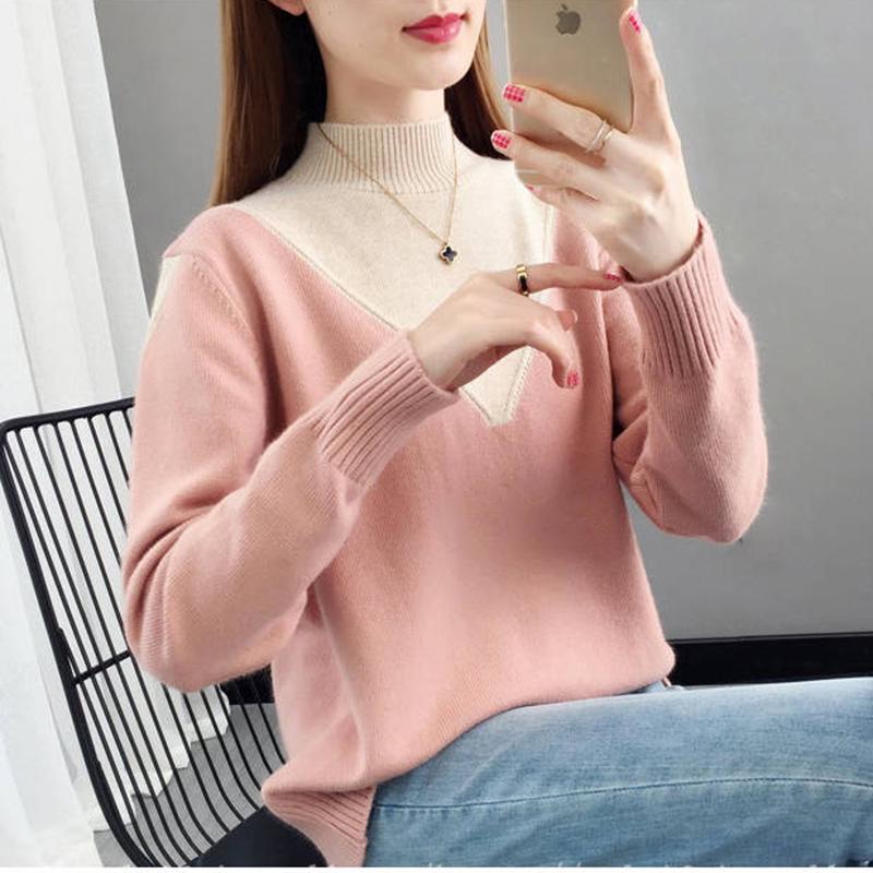 Pofulove Women Colorblock Round Neck Long Sleeve Slim Fit Warm Pink Pullover Undershirt Sweatshirts