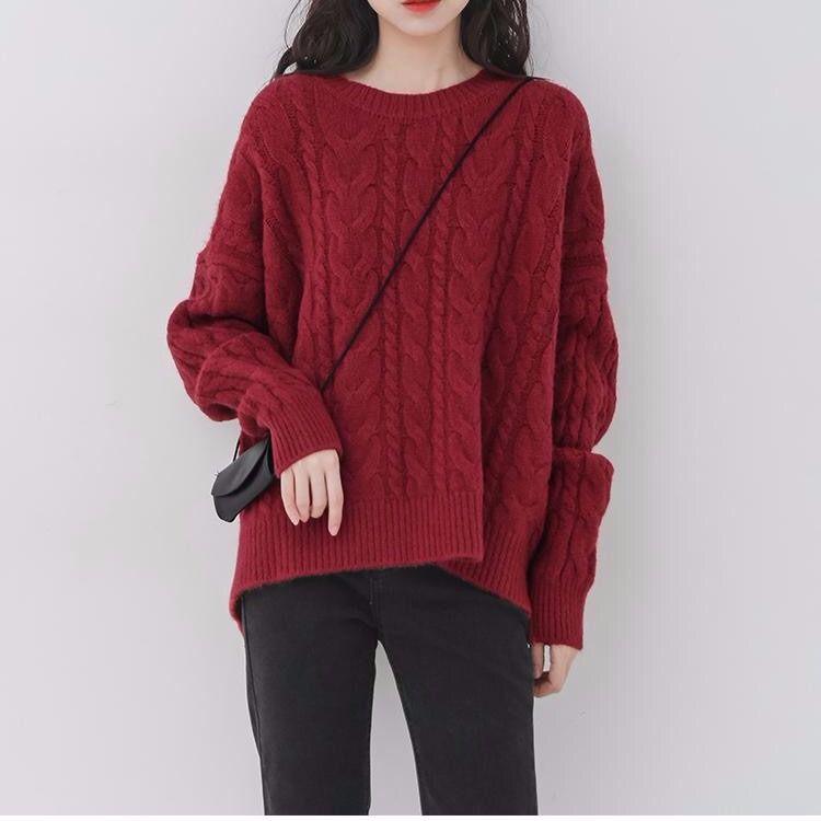 Autumn and Winter Loose Sweater Red Round Neck Pullover Coat Knitted Large Size Simple Young Women's Top