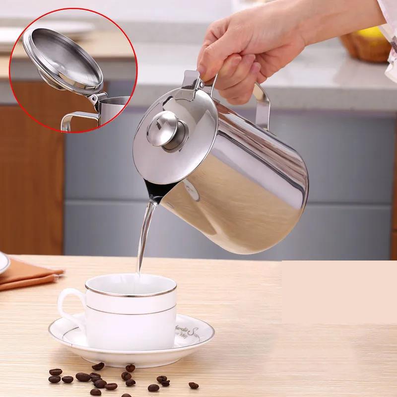 Milk Frothing Pitcher Jug with Lid and Measurment - Upgraded Thicken 304 Stainless Steel Measuring Cups Coffee Foam Container