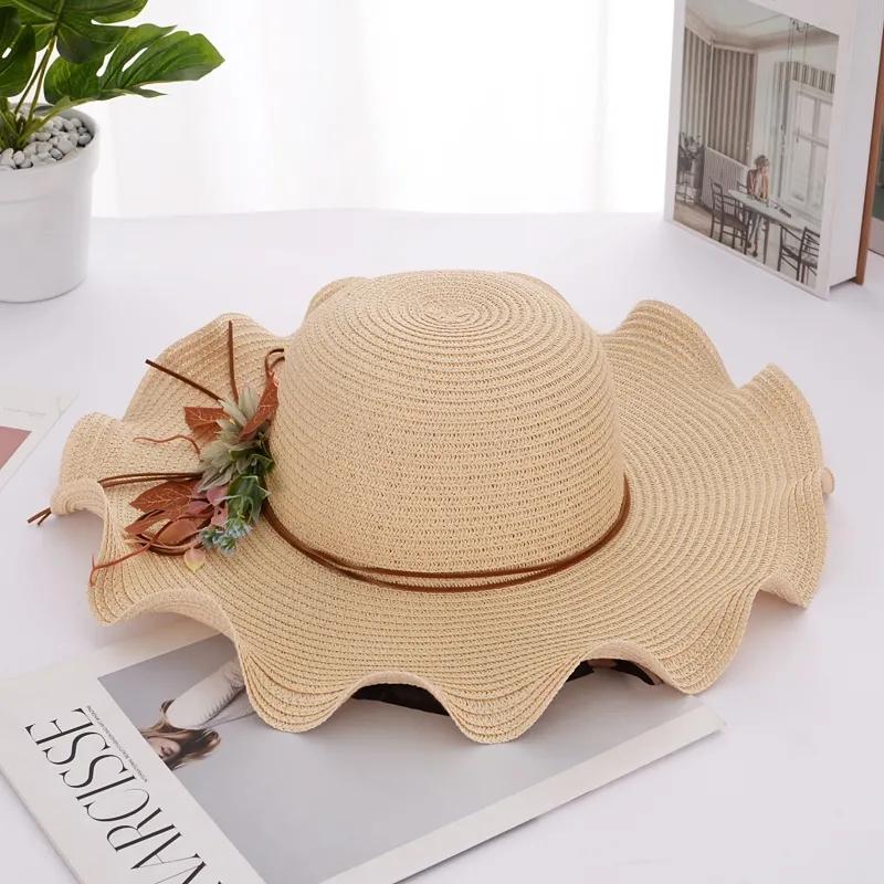 Women's Summer Flower Straw Hat Beach Foldable Sunscreen Sun Cap Anti-UV Sunshade Big Edge Vacation Cap