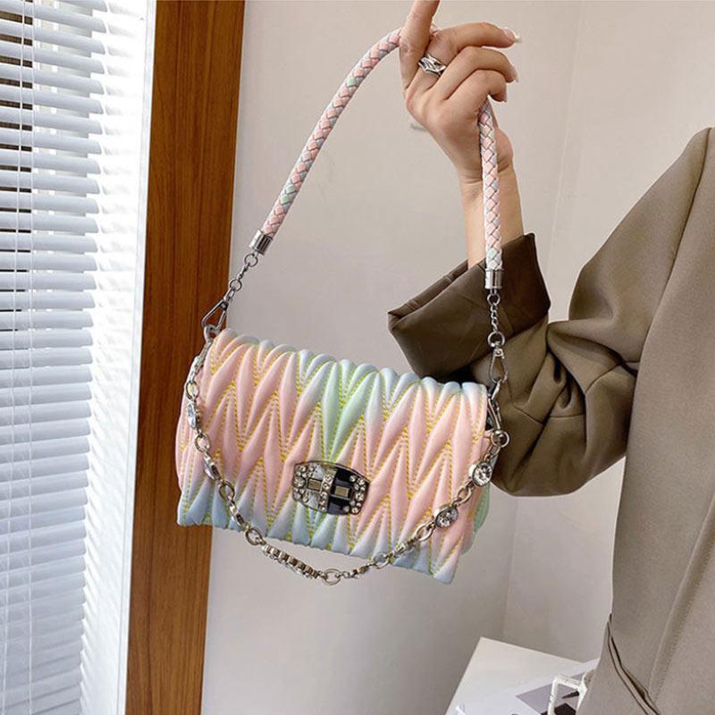 Fashion All-match Women's Bag Lingge Embroidery Rhinestone One-shoulder Diagonal Bag Color PU Handbag