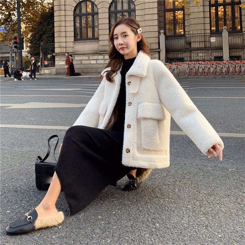 Faux Lamb Wool Coat Women Autumn and Winter All-match Thick Fur Wool One Lamb Wool Ladies Stand-up Collar Warm Loose Jacket