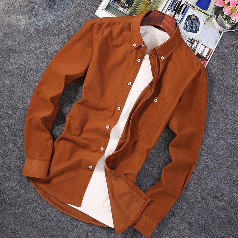 Men's Corduroy Slim Long Sleeve Shirts Solid Color Casual Tops Business Lapel Spring and Autumn Outer Tops