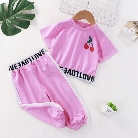 Two-piece Suit Children Clothing Set Girls Printing Letter Cherry Short Sleeve Tops + Pants Clothing Spring Summer