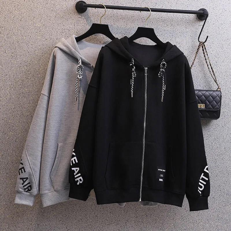 Women's Hooded Zipper Cardigan Spring/Summer Loose Thin Jacket Korean Style Student Versatile Grey High Street Couple Wear Sweater Casual Slim Coat