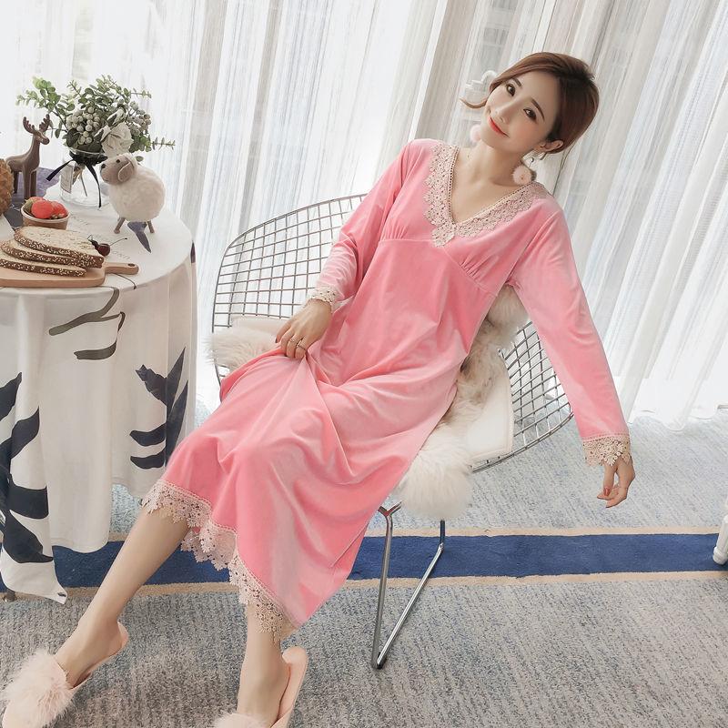 Nightdress Female Gold Velvet Fabric Soft Sexy V-neck Long Skirt Long Sleeve Lace Pajamas Female Spring and Autumn Mid-length Luxury Autumn and Winter