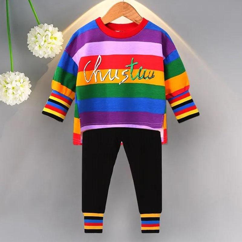 Girl's Suit Autumn Korean Version of The Baby Girl Rainbow Casual Suit Child Western Style Striped Two-piece Suit