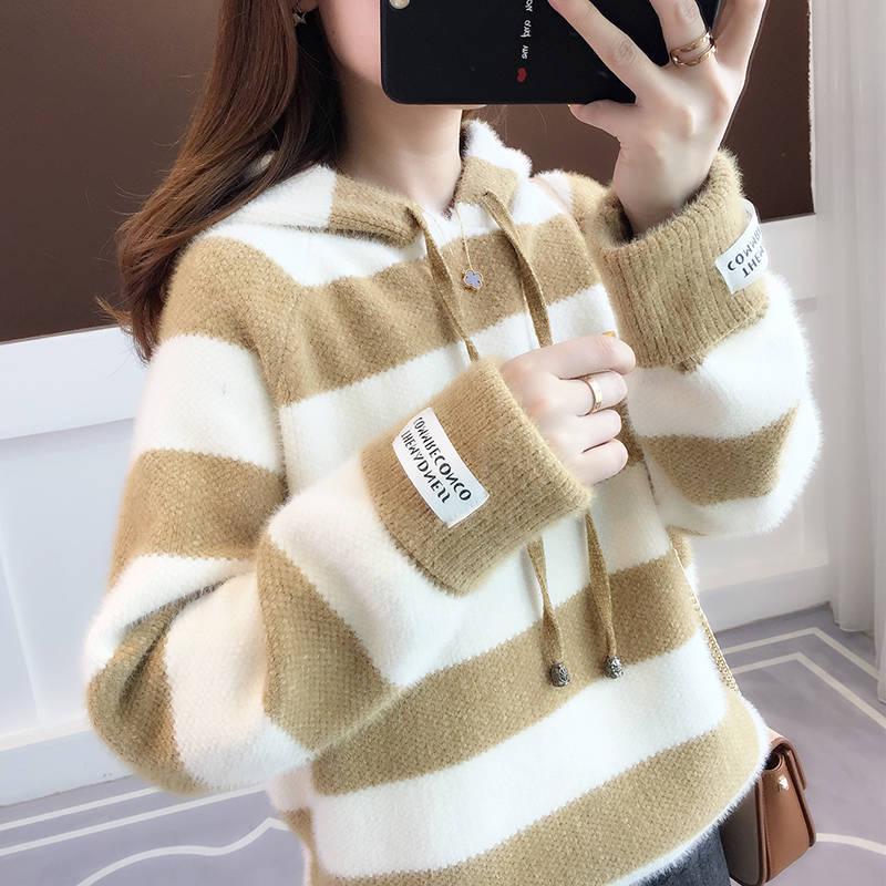 Autumn  Winter Thick Color-blocking Striped Pullover Sweater Women Imitation Mink Sweater Women Mohair Hooded Sweater Outwear