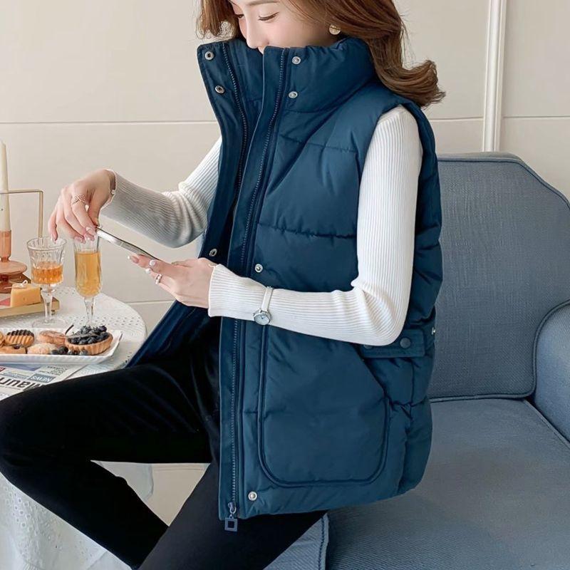 Autumn and Winter Solid Color Casual Down Cotton Vest Korean Version Loose Large Size Stand Collar Thickened Female Jacket