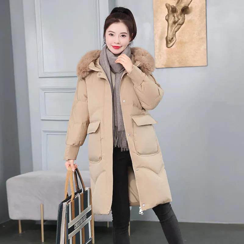 Down Jacket Women's Winter Fashion All-match Thick Mid-length Coat Loose Thin Section with Fur Collar