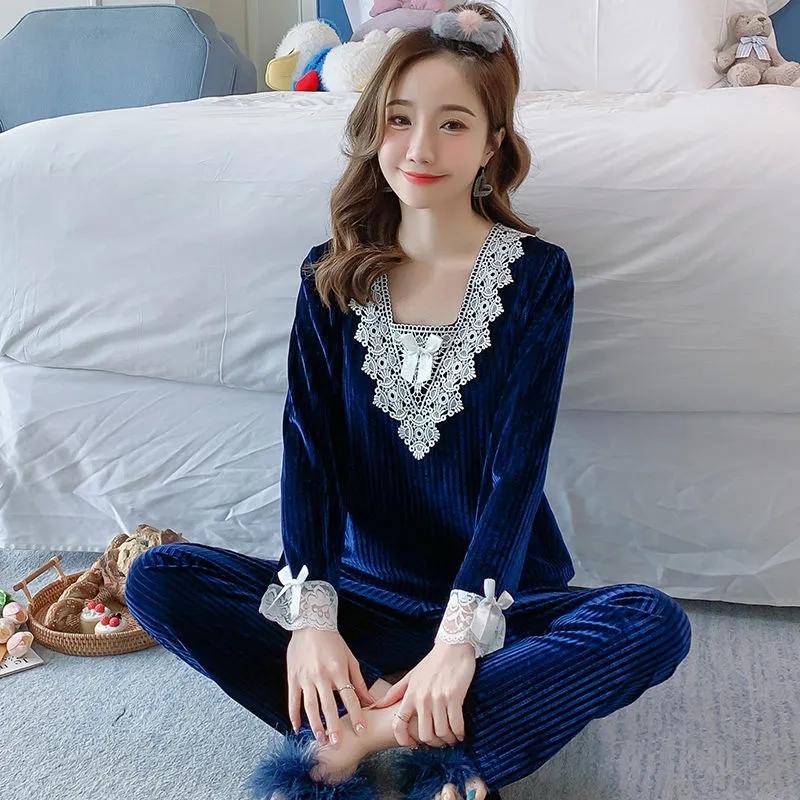 Winter Large Size Gold Velvet Pajamas Set Women's Lace Long-sleeved Sweet Home Wear Two-piece Loose Striped Square-neck Sleeping Suit