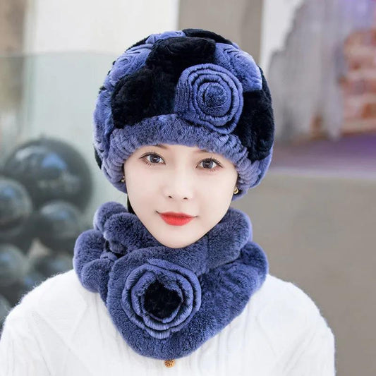 Imitation Rabbit Fur Hat Winter Outdoor Warm Pullover Hat Fashion Flower Plush Hat