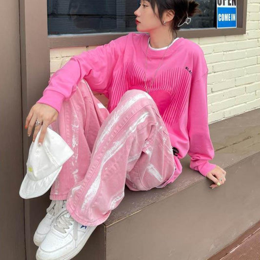 Pink Jeans Female Spring and Autumn Design INS Inkjet Wild Trend Loose Straight Bread Pants