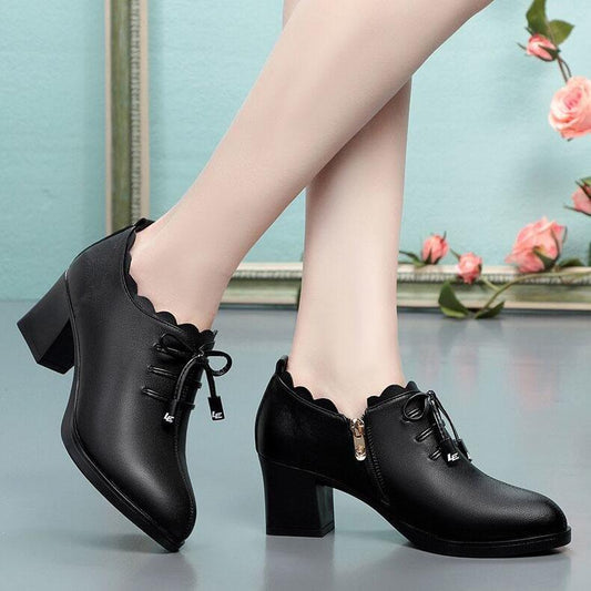 Women's Spring and Autumn Single Shoes Mother's Shoes Soft Soled Thick Heels Shoes Non Slip Black Casual High-heeled Shoes